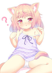  ? animal_ear_fluff animal_ears bangs bare_shoulders blonde_hair blush camisole cat_ears cat_girl cat_tail commentary_request eyebrows_visible_through_hair female lolicon looking_at_viewer medium_hair original panties polka_dot purple_camisole purple_ribbon ribbon simple_background solo strap_slip tail umi_suzume underwear white_background white_panties yellow_eyes 