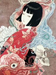  animal_print black_hair blunt_bangs bob_cut butterfly_print eyeball female highres horror_(theme) japanese_clothes kimono looking_at_viewer nihonga pale_skin print_kimono short_hair simple_background skull source_request ukiyo-e yamamoto_takato 