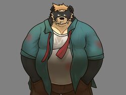  2020 absurd_res alfredblaze anthro arctodus bear belly blood bodily_fluids bottomwear clothing hi_res male mammal nosebleed overweight overweight_anthro overweight_male pants roy_blake shirt short-faced_bear simple_background solo spectacled_bear topwear 