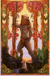  abstract_background anthro art_nouveau bear brown_body classical confident diorionarh forest fur hi_res leaf looking_at_another male mammal mythology nature plant renaissance sky solo tree water 