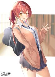  absurdres alternate_costume bag blurry blurry_background breasts cardigan casual contemporary female gyaru hair_ribbon hand_in_own_hair hand_in_pocket heterochromia highres hololive houshou_marine large_breasts letterboxed long_hair looking_at_viewer necktie open_mouth red_eyes red_hair ribbon school_bag school_uniform shiina_aoi signature skirt smile solo thighs twintails virtual_youtuber waving yellow_eyes 