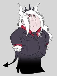  1boy 7fennec7 artist_name black_jacket black_necktie black_pants black_tail blunt_bangs boots business_suit chin collared_shirt commentary cosplay cup demon_horns demon_tail double_chin dress_shirt english_commentary family_guy fat fat_man formal full_body grey_background hands_on_own_hips helltaker high_heel_boots high_heels horns jacket lapel_pin long_hair long_sleeves lucifer_(helltaker) lucifer_(helltaker)_(cosplay) male_focus mole mole_under_eye necktie pants parody peter_griffin red_eyes red_shirt ringed_eyes seth_macfarlane_(style) shirt sidelocks simple_background solo standing suit tail toon_(style) twitter_username white_hair 