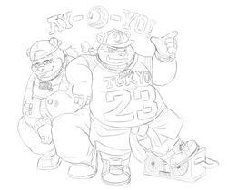  2020 alp_(tas) anthro aotoaka bear blush bottomwear clothing cute_fangs duo giant_panda hat headgear headwear hi_res humanoid_hands kemono leib_(tas) lifewonders male mammal monochrome overweight overweight_male pants polar_bear shirt shorts simple_background text tokyo_afterschool_summoners topwear ursine white_background 