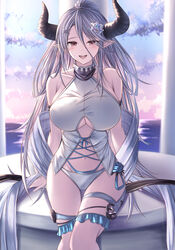  absurdres blue_hair blue_shawl breasts brown_eyes draph female flower granblue_fantasy hair_flower hair_ornament highres horns izmir izmir_(summer)_(granblue_fantasy) kanpyou_(hghgkenfany) large_breasts long_hair mole mole_under_mouth navel pointy_ears shawl snowflake_hair_ornament sunrise swimsuit 