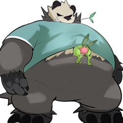  1:1 2023 96_gatefield anthro belly big_belly biped black_body black_nose clothing duo generation_6_pokemon green_body kemono leaf nintendo pangoro pokemon pokemon_(species) shirt simple_background size_difference topwear white_body 