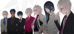  00kashian00 6+boys abstract_background absurdres alternate_costume black_hair black_necktie black_suit blonde_hair blue_eyes blue_hair blue_necktie charles-henri_sanson_(fate) closed_mouth cu_chulainn_(fate) cu_chulainn_alter_(fate) facial_mark fate/grand_order fate_(series) formal gawain_(fate) glasses hair_strand highres karna_(fate) long_hair looking_away male_focus merlin_(fate) messy_hair multiple_boys necktie open_mouth paracelsus_(fate) purple_eyes purple_necktie red_eyes red_necktie saitou_hajime_(fate) sharp_teeth smile standing suit tan tattoo teeth upper_body white_hair white_suit yellow_eyes 