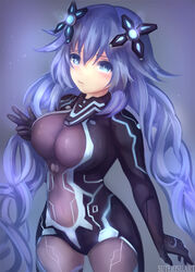  artist_name blue_eyes blush bodysuit breasts closed_mouth commentary_request covered_navel cowboy_shot female hair_between_eyes headgear large_breasts long_hair looking_at_viewer neptune_(series) next_purple power_symbol power_symbol-shaped_pupils purple_hair purple_heart_(neptunia) skin_tight solo suterisu symbol-shaped_pupils very_long_hair 