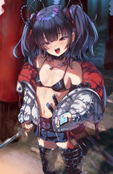  :d absurdres bare_shoulders bikini bikini_top_only black_bikini black_collar black_hair black_skirt black_thighhighs blush breasts collar commentary_request ear_piercing earrings female hair_ribbon highres holding holding_phone holding_sword holding_weapon hoop_earrings jacket jewelry long_sleeves looking_at_viewer nail_polish navel necklace open_clothes open_jacket open_mouth original phone piercing puffy_long_sleeves puffy_sleeves red_eyes red_nails red_ribbon ribbon shuru_y skirt small_breasts smile solo stomach swimsuit sword thighhighs twintails weapon white_jacket zettai_ryouiki 