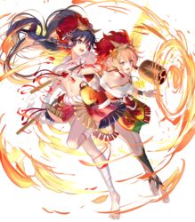  2girls bare_shoulders barefoot blonde_hair blue_eyes blue_hair breasts cleavage collarbone drum dual_wielding fairy fairy_wings fire fire_emblem fire_emblem:_the_sacred_stones fire_emblem_heroes flower full_body fur_trim gradient_hair hair_between_eyes hair_flower hair_ornament highres holding holding_weapon horned_mask instrument leg_up long_hair looking_away mashima_saki_(mashimasa) mask mask_on_head medium_breasts midriff multicolored_hair multiple_girls navel non-web_source off_shoulder official_art open_clothes open_mouth orange_hair pelvic_curtain peony_(fire_emblem) peony_(flame)_(fire_emblem) polearm ponytail purple_eyes rope sarashi sidelocks smile spear stomach tana_(fire_emblem) tana_(flame)_(fire_emblem) teeth toes transparent_background upper_teeth_only weapon wings 