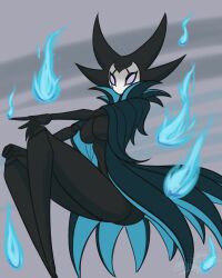  2019 5_fingers anthro arthropod artist_name ass blue_fire breasts cloak clothing colored_fire digital_media_(artwork) english_text facial_markings fan_character featureless_breasts female fingers fire head_markings hollow_knight horn latiar looking_at_viewer markings number simple_background solo team_cherry text 