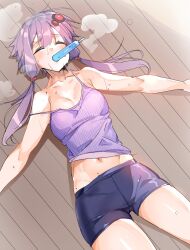  ajishio bare_shoulders bike_shorts blush breasts camisole closed_eyes female food highres hot lying navel on_back popsicle purple_hair short_shorts shorts small_breasts solo steaming_body strap_slip sweat twintails vocaloid voiceroid yuzuki_yukari 