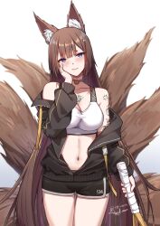  absurdres amagi_(azur_lane) animal_ear_fluff animal_ears arm_tattoo as4gi azur_lane baseball_bat black_buruma black_jacket blush breasts brown_hair brown_tail buruma chest_tattoo choker commission crop_top female fox_ears fox_girl fox_tail highres holding holding_baseball_bat jacket kitsune large_breasts long_hair looking_at_viewer multiple_tails navel pixiv_commission purple_eyes smile tail tattoo thick_eyebrows white_background 