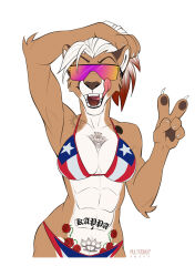  5_fingers abs american_flag_bikini anthro bikini breasts brown_body brown_fur claws cleavage clothed clothing cougar digital_media_(artwork) eyewear fangs felid feline female finger_claws fingers flag_bikini front_view fur gesture hair half-length_portrait hand_gesture hand_on_head highlights_(coloring) ivy_(bronx23) licking licking_lips mammal multyashka-sweet muscular muscular_female navel portrait pose red_hair rose_tattoo simple_background solo sunglasses swimwear tattoo teeth tongue tongue_out two-piece_swimsuit v_sign white_background white_body white_fur white_hair 