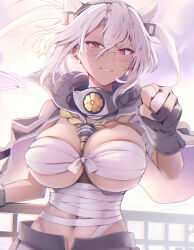  black_gloves black_nails breasts budget_sarashi chest_sarashi dark-skinned_female dark_skin female glasses gloves grey-framed_eyewear hair_between_eyes headgear highres kantai_collection large_breasts looking_at_viewer musashi_(kancolle) musashi_kai_(kancolle) navel partially_fingerless_gloves pointy_hair rectangular_eyewear red_eyes sakuramon sarashi semi-rimless_eyewear smile solo two_side_up under-rim_eyewear white_hair yunamaro 