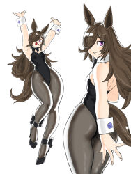  absurdres animal_ears armpits arms_behind_back ass bare_shoulders black_hair black_leotard black_pantyhose breasts cleavage closed_mouth female full_body hair_over_one_eye highleg highleg_leotard highres horse_ears horse_girl horse_tail leotard long_hair looking_at_viewer multiple_views open_mouth pantyhose rice_shower_(umamusume) simple_background smile standing strapless strapless_leotard swept_bangs tail toshinoshin umamusume very_long_hair white_background wrist_cuffs 