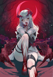  bare_legs bare_tree black_nails black_sleeves blood blood_on_feet blood_on_hands braid breasts collarbone commission crescent_moon demon_tail dress earrings fangs female fingernails highres horns indie_virtual_youtuber jewelry long_hair low_wings moon piercing pointy_ears red_horns red_sky red_spider_lily sharp_fingernails skeb_commission sky slit_pupils solo strapless strapless_dress suzuhiro tail tongue_piercing tree virtual_youtuber viscerae_(vtuber) white_dress white_eyes white_hair wings 