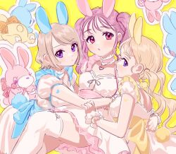  3girls :o animal_ears back_bow bare_arms blonde_hair blue_bow blue_choker blush bow breasts choker choppy_bangs cleavage closed_mouth collar commentary_request dress frilled_choker frilled_wrist_cuffs frills hand_on_another&#039;s_back heart heart_pendant heart_tattoo hug jewelry knee_up large_bow light_brown_hair long_hair looking_at_viewer looking_to_the_side low_twintails medium_breasts multicolored_clothes multicolored_dress multiple_girls necklace original outline parted_bangs parted_lips petticoat pink_bow pink_collar pink_hair pom_pom_(clothes) puffy_short_sleeves puffy_sleeves purple_eyes rabbit rabbit_ears raised_eyebrows red_eyes short_dress short_hair short_sleeves sideways_glance simple_background sitting tattoo thick_eyebrows thick_eyelashes thighhighs twintails umeno upskirt white_dress white_outline white_thighhighs white_wrist_cuffs wrist_cuffs yellow_background yellow_bow 