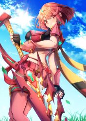  aegis_sword_(xenoblade) amanoru_mozuku black_gloves blue_sky breasts closed_mouth commentary_request earrings feet_out_of_frame female fingerless_gloves from_behind gloves grass highres holding holding_sword holding_weapon jewelry large_breasts looking_at_viewer looking_back pyra_(xenoblade) red_eyes red_hair red_thighhighs reverse_grip short_hair sky smile solo sun swept_bangs sword thighhighs tiara twitter_username weapon xenoblade_chronicles_(series) xenoblade_chronicles_2 