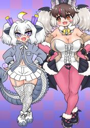  2girls animal_ears bare_shoulders bat_ears bat_girl bat_wings bow bowtie breasts brown_eyes brown_hair brown_long-eared_bat_(kemono_friends) dragon_girl dragon_horns dragon_tail edamamezooooo elbow_gloves extra_ears fingerless_gloves fishnet_thighhighs fishnets garter_straps gloves grey_hair horns kemono_friends kemono_friends_3 kemono_friends_v_project leotard long_hair microphone multiple_girls navel pantyhose purple_background purple_eyes shirt shoes simple_background skirt tail thighhighs twintails virtual_youtuber white_dragon_(kemono_friends) wings 