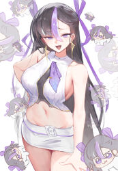  absurdres alternate_breast_size alternate_form alternate_hair_length alternate_hairstyle amaniwa_haruka_(artist) black_hair breasts crop_top doro_(nikke) earrings female goddess_of_victory:_nikke highres jewelry large_breasts long_hair looking_at_viewer miniskirt navel necktie oerba_yun_fang open_mouth purple_eyes purple_necktie purple_ribbon ribbon sideboob skirt smug syuen_(nikke) triangle_earrings white_background 