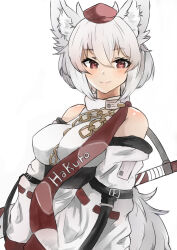  absurdres alternate_costume animal_ear_fluff animal_ears arknights bare_shoulders breasts check_copyright closed_mouth copyright_request detached_sleeves female hair_between_eyes highres impossible_clothes inubashiri_momiji large_breasts light_smile looking_at_viewer medium_hair red_eyes regua simple_background solo tail touhou upper_body white_background wolf_ears wolf_girl wolf_tail 