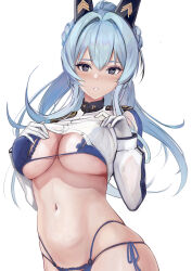  462vvv absurdres bikini bikini_under_clothes blue_bikini blue_eyes blue_hair blush breasts covered_nipples female gloves goddess_of_victory:_nikke helm_(aqua_marine)_(nikke) helm_(nikke) highres large_breasts long_hair looking_at_viewer official_alternate_costume ponytail see-through_clothes see-through_shirt shirt solo swimsuit white_gloves 