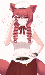  adjusting_eyewear animal_ears bracelet breasts choker commentary_request commission drill_hair ear_piercing expressionless female glasses hand_on_own_hip hat highres hyeroin jewelry large_breasts long_hair looking_at_viewer midriff mole mole_under_eye navel original piercing pixiv_commission red_eyes red_hair ribbon_choker round_eyewear skirt sleeveless sleeveless_sweater solo sweater tail 