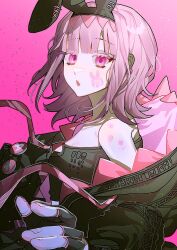  :o alternate_costume animal_ears bare_shoulders black_gloves danganronpa_(series) danganronpa_2:_goodbye_despair fake_animal_ears female fingerless_gloves from_side gloves highres jacket looking_at_viewer medium_hair nanami_chiaki no_hair_ornament pink_background pink_eyes rabbit_ears shirt solo 