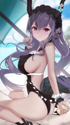  absurdres arknights bare_back beach beach_umbrella black_hairband black_horns black_one-piece_swimsuit breasts commentary_request crossed_bangs day female frilled_hairband frills hair_between_eyes hairband highres holding horns kyuu_(q_des9) large_breasts long_hair looking_at_viewer official_alternate_costume one-piece_swimsuit outdoors pink_eyes purple_hair ribbon_trim sideboob sitting smile solo swimsuit typhon_(arknights) typhon_(temperature_difference)_(arknights) umbrella wariza wrist_cuffs 