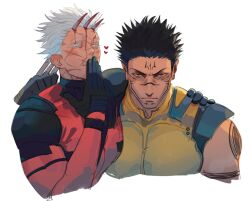  2boys black_bodysuit black_gloves black_hair blue_bodysuit blue_eyes blush bodysuit claw_(weapon) closed_mouth cosplay deadpool deadpool_(cosplay) extra_eyes facial_mark gloves gojou_satoru heart iba_(kcokaine) jujutsu_kaisen looking_at_another looking_at_viewer male_focus multiple_boys red_bodysuit red_eyes ryoumen_sukuna_(jujutsu_kaisen) scar scar_on_face short_hair simple_background two-tone_bodysuit weapon white_background white_hair wolverine_(x-men) wolverine_(x-men)_(cosplay) yaoi yellow_bodysuit 