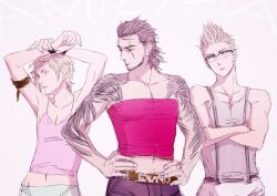  3boys arm_tattoo armband arms_up bare_shoulders beard belt belt_buckle black_armband black_hair black_pants blonde_hair blue_eyes brown_belt brown_eyes buckle camisole closed_mouth collarbone commentary_request cowboy_shot crossed_arms crossed_wrists facial_hair final_fantasy final_fantasy_xv gladiolus_amicitia glasses ignis_scientia looking_to_the_side male_focus mi_(scissortropical) midriff multiple_boys navel pants pectoral_cleavage pectorals pink_camisole prompto_argentum scar scar_across_eye scar_on_cheek scar_on_face semi-rimless_eyewear simple_background strapless suspenders tattoo tube_top white_background white_pants 