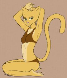  anthro bethesda_game_studios bra breasts clothing colored countershading digital_drawing_(artwork) digital_media_(artwork) eyebrows felid feline female female_anthro fur hands_behind_head hi_res johndoe8771 katia_managan khajiit kneeling looking_at_viewer mammal microsoft navel painted_underwear plantigrade prequel_adventure side_view simple_background small_breasts smile solo tail the_elder_scrolls underwear yellow_body yellow_fur 