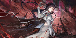  arknights arm_up armor black_hair breasts closed_mouth clothing_cutout commentary dress english_commentary female gauntlets grey_dress highres holding hongbaise_raw ines_(arknights) ines_(under_the_flaming_dome)_(arknights) light_particles long_hair looking_at_viewer magic making-of_available medium_breasts multicolored_hair outdoors painttool_sai_(medium) red_hair red_ribbon ribbon shoulder_armor solo standing strap streaked_hair thread yellow_eyes 