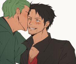  2boys aged_up beard black_eyes black_hair blush dimigiri facial_hair green_hair grey_background highres kissing kissing_cheek male_focus mature_male monkey_d._luffy multiple_boys one_eye_closed one_piece pectoral_cleavage pectorals roronoa_zoro scar scar_on_cheek scar_on_chest scar_on_face short_hair sideburns simple_background smile upper_body yaoi 