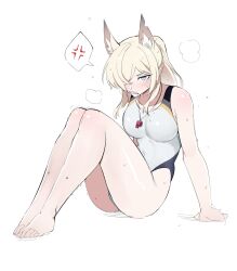  anger_vein animal_ear_fluff animal_ears barefoot blonde_hair blue_archive blue_eyes blush breasts commentary dog_ears dog_girl female full_body hair_between_eyes hair_over_one_eye highres kanna_(blue_archive) kanna_(swimsuit)_(blue_archive) kimouji large_breasts long_bangs long_hair looking_at_viewer no_halo official_alternate_costume one-piece_swimsuit sharp_teeth simple_background sitting solo sweat swimsuit symbol-only_commentary teeth whistle whistle_around_neck white_background 