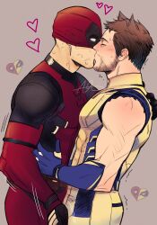  2boys absurdres animal_ears beard blush bodysuit brown_hair cat_ears closed_eyes commentary_request couple deadpool deadpool_&amp;_wolverine deadpool_(series) facial_hair gloves hand_on_another&#039;s_hip heart highres kissing male_focus marvel marvel_cinematic_universe mask mask_lift multiple_boys muscular red_bodysuit sherlock7akane short_hair superhero_costume sweatdrop trembling two-tone_bodysuit wolverine_(x-men) yaoi yellow_bodysuit 