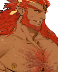  1boy bara bare_shoulders beard chest_hair collarbone commentary dark-skinned_male dark_skin english_commentary facial_hair fangs ganondorf gem gomihebi highres long_hair looking_at_viewer male_focus nipple_piercing nipples pectorals piercing pointy_ears profile red_gemstone red_hair scar scar_on_chest simple_background smile solo teeth the_legend_of_zelda tiara topless_male upper_body white_background yellow_eyes 