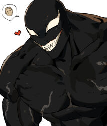  1boy abs bara black_skin brown_hair closed_eyes collarbone colored_skin commentary eddie_brock english_commentary gomihebi grin heart image_in_speech_bubble male_focus marvel no_pupils pectorals sharp_teeth short_hair simple_background smile solo speech_bubble spider-man_(series) symbiote teeth upper_body venom_(marvel) white_background white_eyes 