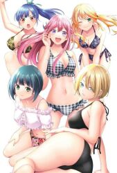  5girls ass bikini black_bikini blonde_hair blue_eyes blue_hair breasts camouflage camouflage_bikini cleavage closed_mouth green_bikini green_eyes green_hair hououji_akane large_breasts long_hair looking_at_viewer makuzawa_ouka megami_no_cafe_terrace multiple_girls navel official_art one_eye_closed ono_shiragiku open_mouth pink_eyes pink_hair plaid_bikini plaid_clothes ponytail print_bikini purple_eyes seo_kouji short_hair side-tie_bikini_bottom simple_background swimsuit tsukishima_riho tsuruga_ami twintails white_background white_bikini 