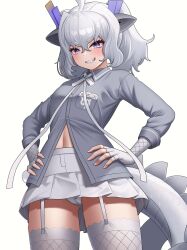  ahoge ass_visible_through_thighs breast_pocket cameltoe collared_shirt cowboy_shot deku_suke dragon_ears dragon_girl dragon_horns dragon_tail female fingerless_gloves garter_straps gloves grey_hair grey_shirt grin hair_between_eyes hands_on_own_hips highres horns kemono_friends kemono_friends_3 long_hair long_sleeves looking_at_viewer microskirt multicolored_horns navel neck_ribbon panties pleated_skirt pocket purple_eyes purple_horns ribbon scale_print shirt simple_background skirt slit_pupils smile solo stomach tail thighhighs twintails underwear white_background white_dragon_(kemono_friends) white_panties white_skirt white_thighhighs wing_collar yellow_horns 