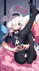  4-finger_heart_hands absurdres black_choker black_hairband black_pantyhose black_sailor_collar black_serafuku black_shirt blue_archive blush bow braid cameltoe chinese_commentary choker closed_mouth colored_inner_hair commentary eyes_visible_through_hair feet female full_body grey_eyes grey_hair hair_over_one_eye hairband hairbow halo happy heart heart_hands heart_in_heart_hands highres hua-huahua indoors knees_together_feet_apart legs legs_up long_hair looking_at_viewer multicolored_hair neckerchief no_shoes panties panties_under_pantyhose pantyhose pink_hair plana_(blue_archive) red_halo red_pupils sailor_collar school_uniform serafuku shirt short_sleeves single_braid sitting smile soles solo sparkle split_mouth thighs toes torn_clothes torn_pantyhose underwear very_long_hair white_bow white_neckerchief 