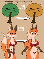  absurd_res anthro bikini breasts canid canine cleavage clothed clothing drawing female fluffy fox fur hi_res humor mammal meme panties pinup plant plecopsar pose solo swimwear tree two-piece_swimsuit underwear 