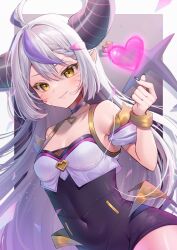  ahoge ahri_(league_of_legends) ahri_(league_of_legends)_(cosplay) alternate_costume black_choker choker cosplay crop_top demon_horns facial_mark female grey_hair hair_ornament hairpin heart highres hololive horns k/da_ahri la+_darknesss league_of_legends leotard momoirone multicolored_hair nail_polish pointy_ears purple_hair purple_leotard purple_nails smile solo streaked_hair virtual_youtuber yellow_eyes 