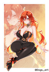  absurdres adapted_costume ahoge ass border breasts clenched_teeth dogs_(dlrkdejr26) earrings female genshin_impact high_heels highres jewelry knees_up large_breasts long_hair looking_at_viewer mavuika_(genshin_impact) multicolored_hair open_mouth orange_eyes orange_hair orange_nails orange_pupils outline red_eyes red_hair smile solo sun_earrings sunburst_iris teeth twitter_username two-tone_hair very_long_hair white_border white_outline zoom_layer 