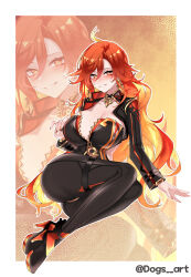  absurdres ahoge ass biker_clothes bikesuit black_bikesuit bodysuit border breasts clothing_cutout dogs_(dlrkdejr26) earrings female genshin_impact grin high_heels highres jewelry knees_up large_breasts long_hair looking_at_viewer mavuika_(genshin_impact) multicolored_hair open_mouth orange_eyes orange_hair orange_nails orange_pupils outline red_eyes red_hair smile solo sun_earrings sunburst_iris teeth twitter_username two-tone_hair very_long_hair white_border white_outline zoom_layer 