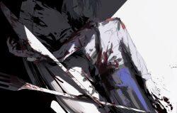  1boy belt belt_buckle black_belt black_necktie blood blood_on_face blood_splatter blue_hair blue_pants blue_shirt buckle chinese_commentary closed_mouth commentary_request cowboy_shot danganronpa_(series) danganronpa_another danganronpa_another:_another_despair_academy english_commentary expressionless fork hair_between_eyes highres kinjou_tsurugi knife korean_commentary light_frown long_sleeves lying male_focus mixed-language_commentary necktie on_back oversized_object pants plate pocket police police_uniform red_eyes shirt short_hair shoulder_pads solo sutoroboraito 