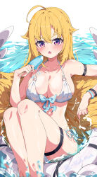  absurdres ahoge arm_strap artist_name bare_shoulders bikini blonde_hair blue_bow blush bow bow_bikini bracelet breasts chestnut_mouth chinese_commentary cleavage collarbone commentary_request curvy eyelashes feet_out_of_frame female food frown hair_between_eyes hair_spread_out halterneck hand_up highres holding holding_food holding_popsicle hua-huahua jewelry koshi_torako large_breasts legs_together long_hair looking_at_viewer melting open_mouth popsicle purple_eyes shikanoko_nokonoko_koshitantan sidelocks simple_background sitting skindentation soaking_feet solo swim_ring swimsuit thigh_strap tsurime v-shaped_eyebrows very_long_hair water white_background white_bikini 