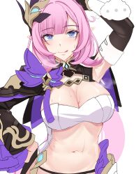  ... absurdres arm_up armpits black_gloves black_panties blue_eyes breasts cleavage cropped_shirt elf elysia_(honkai_impact) elysia_(miss_pink_elf)_(honkai_impact) female gloves hair_ornament highres honkai_(series) honkai_impact_3rd large_breasts long_hair navel noise_paper panties pink_hair pointy_ears simple_background single_glove solo spoken_ellipsis stomach sweat sweatdrop tongue underwear white_background 