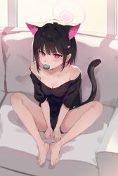  animal_ears barefoot black_hair black_shirt blue_archive breasts cat_choker cat_ears cat_tail cleavage colored_inner_hair couch extra_ears female food halo highres hyuji_0w0 indoors kazusa_(blue_archive) knees_up macaron medium_breasts mouth_hold multicolored_hair off-shoulder_shirt off_shoulder on_couch pink_hair pink_halo shirt short_hair short_shorts shorts sitting solo tail window 