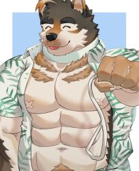  abs absurd_res aloha_shirt anthro ateeesta_92 brown_body brown_fur canid canine canis clothing collar domestic_dog eyebrows fur hi_res leash lifewonders live_a_hero male mammal multicolored_body multicolored_fur muscular muscular_anthro muscular_male nipple_bandage pattern_clothing pattern_shirt pattern_topwear pecs shirt solo sterio thick_eyebrows topwear 